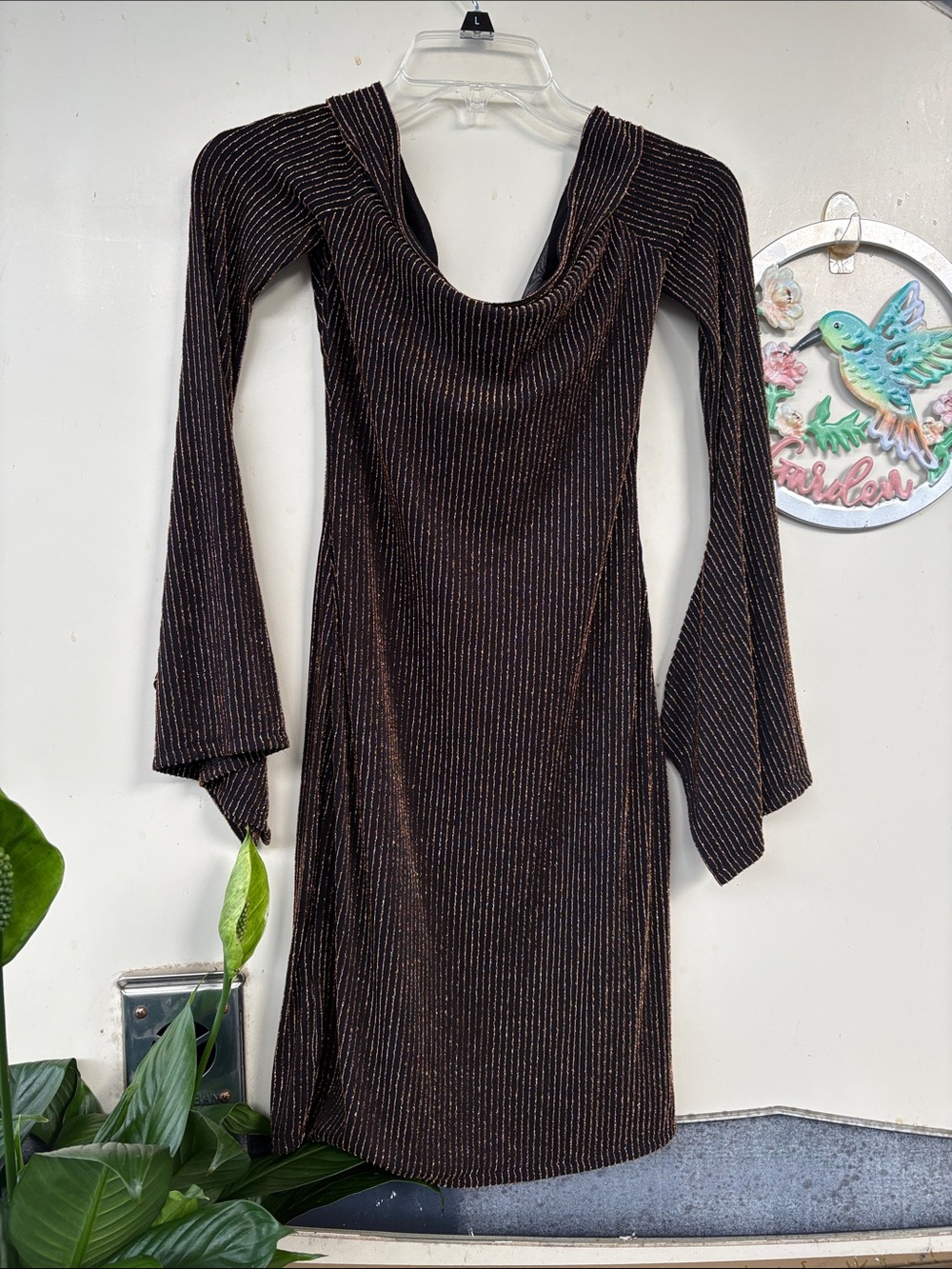 BCBGMaxAzria Brown Metallic-Striped Long Sleeve Cowl Dress - Picture 2 of 7